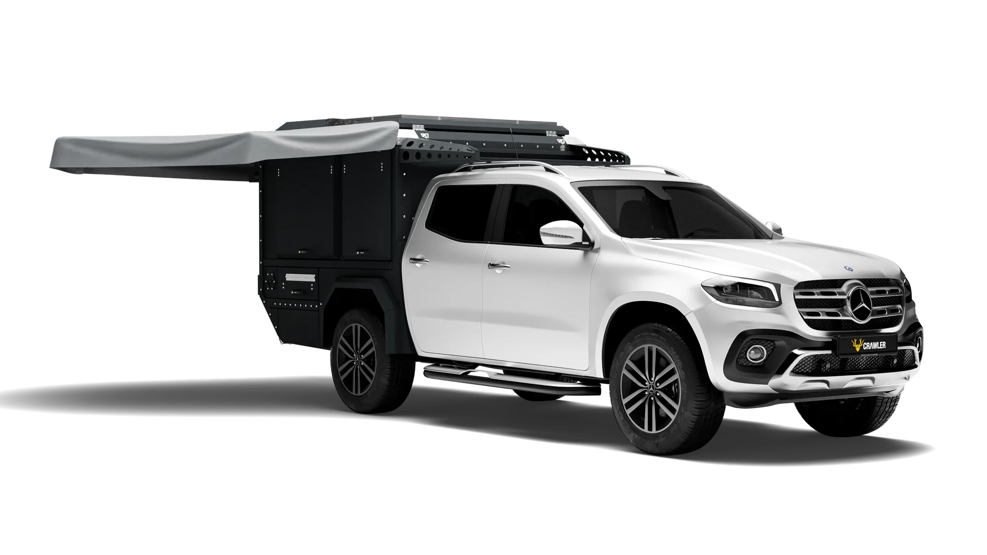 Crawler KMP 190 Mercedes X-Class — tente açık kamp kurulumu