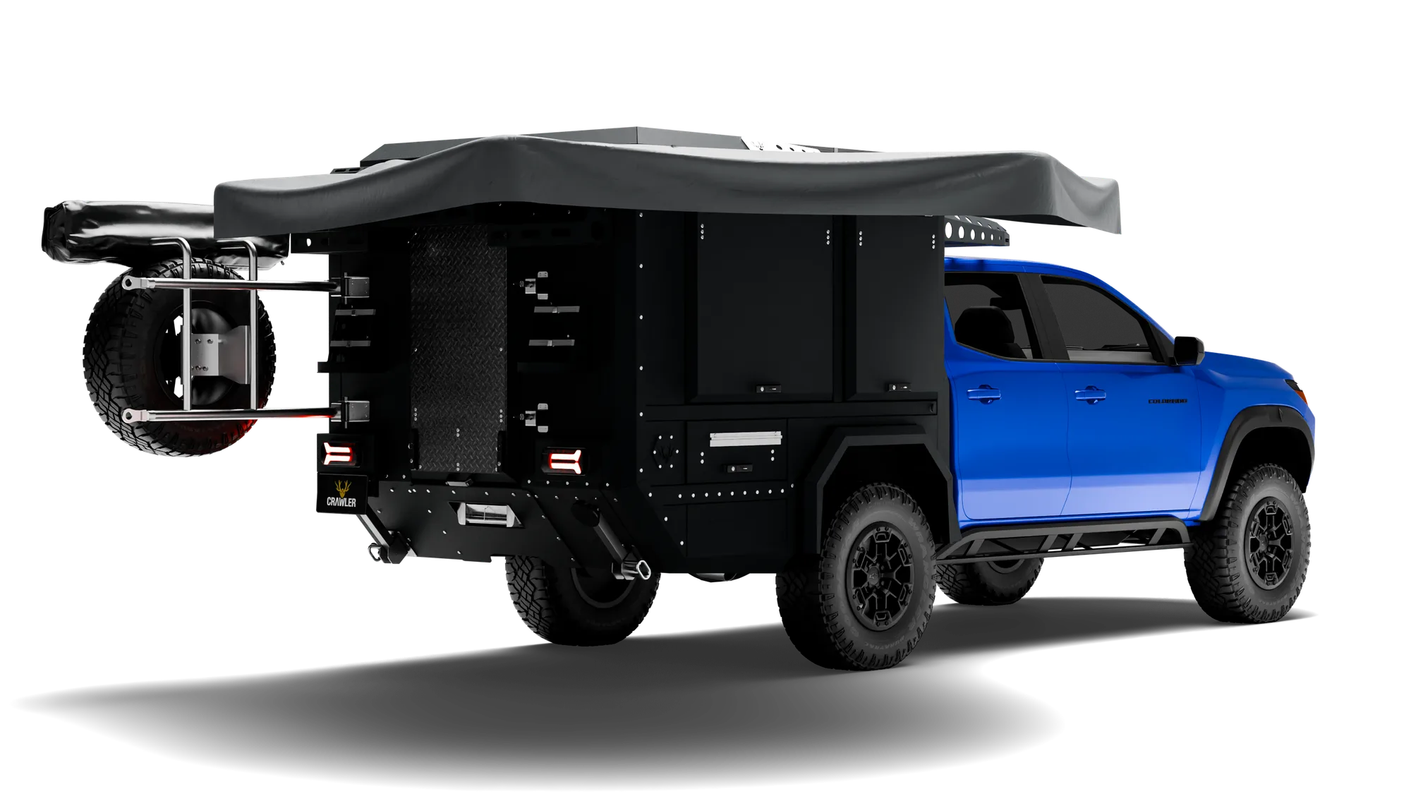 Crawler KMP 190 Chevrolet Colorado — tente açık kamp kurulumu