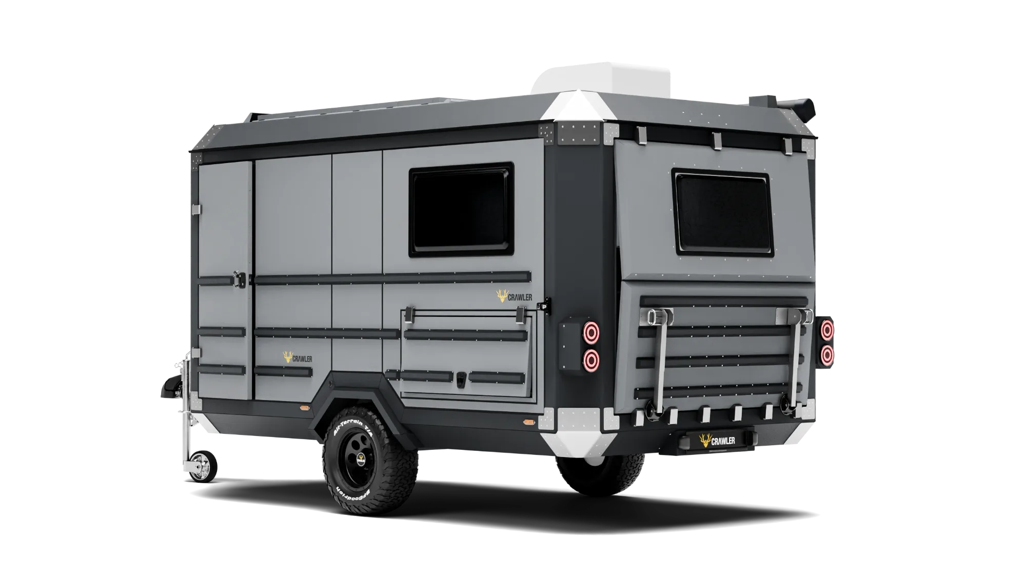 Crawler ALP 420 çekme karavan — derin siyah gövde, kül gri aksam