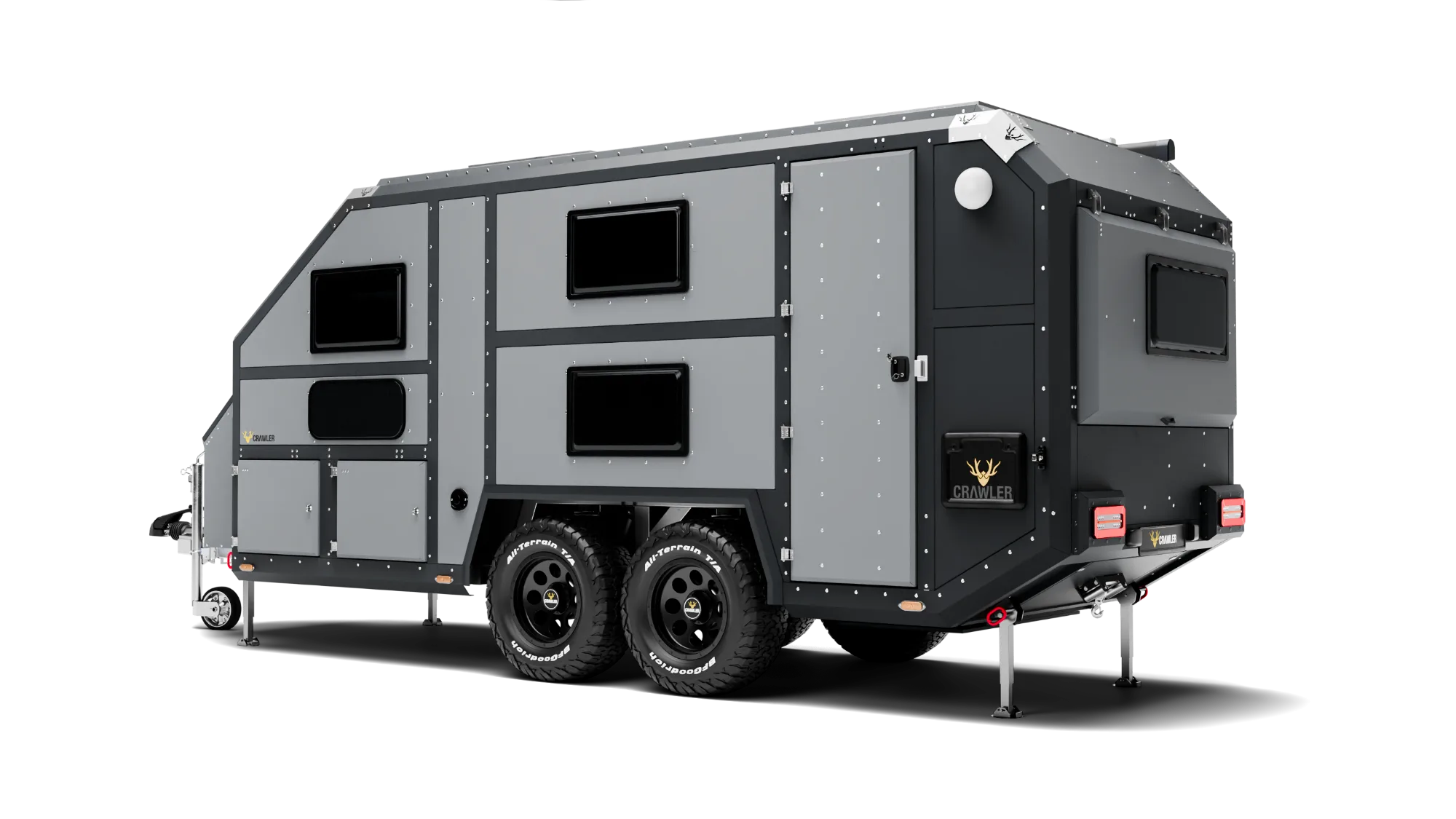 Crawler BATU 535i Desert Edition çekme karavan — derin siyah gövde, kül gri aksam